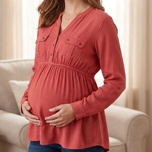 Motherhood Maternity Babydoll Blouse L Rust Empire Waist Bump Friendly